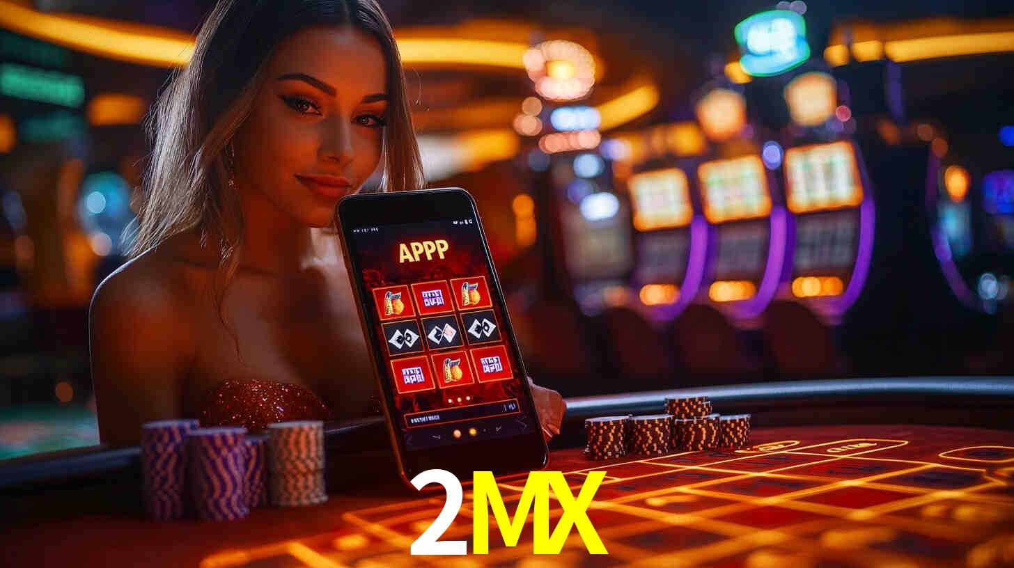Escena dinámica inspirada en casino con iluminación 2MX, cartas, fichas e íconos de juegos digitales en un espacio moderno de juegos.